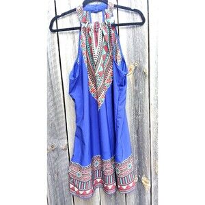 Band Of Gypsies Halter Dress Sz Lg  Fairy Boho Aztec Border Blue